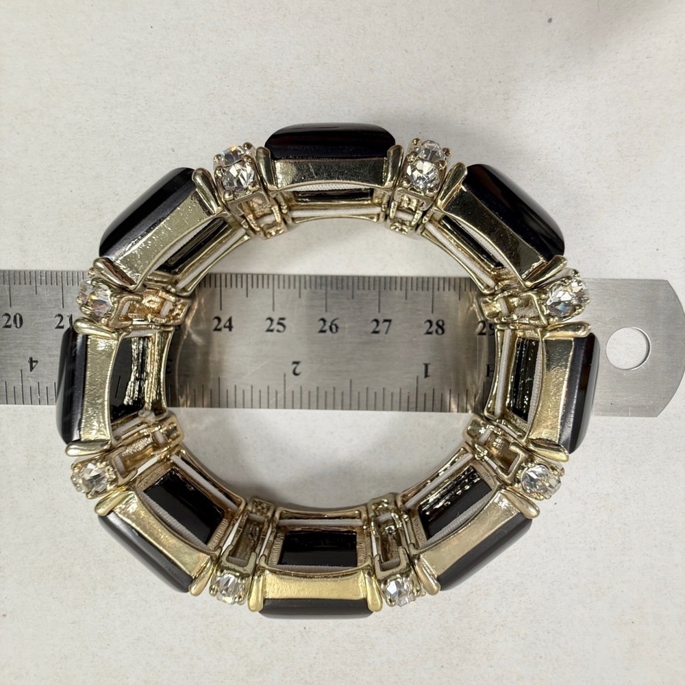 Chunky Stretch Bracelet Women Black Gold Tone Rhinestone Bold Statement Jewelry - Picture 10 of 11